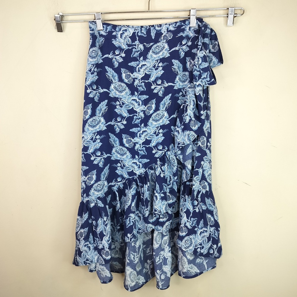 Nicole Miller Ruffled Wrap Skirt Womens Small‎ Midi Floral Blue Rayon